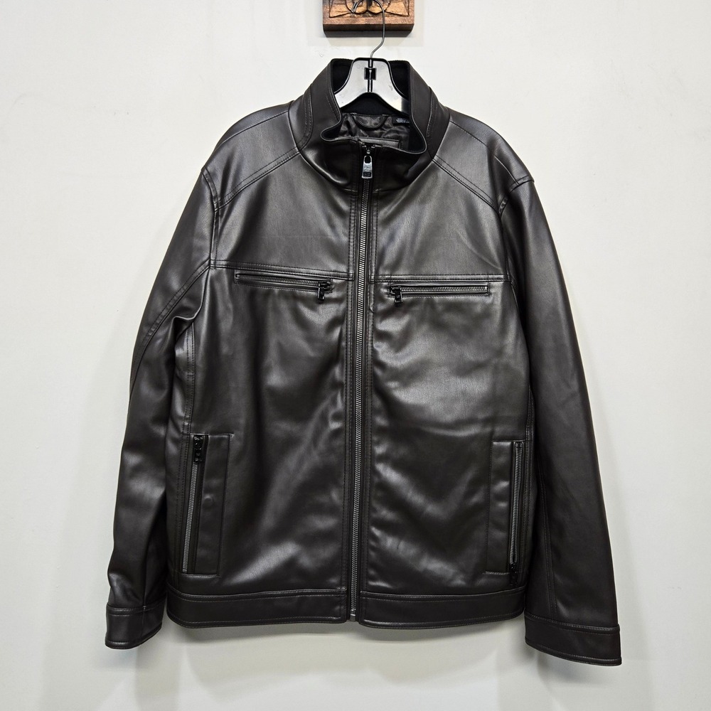 Calvin Klein Faux Leather Moto Jacket Large Dark Brown Mock Neck Water Resistant